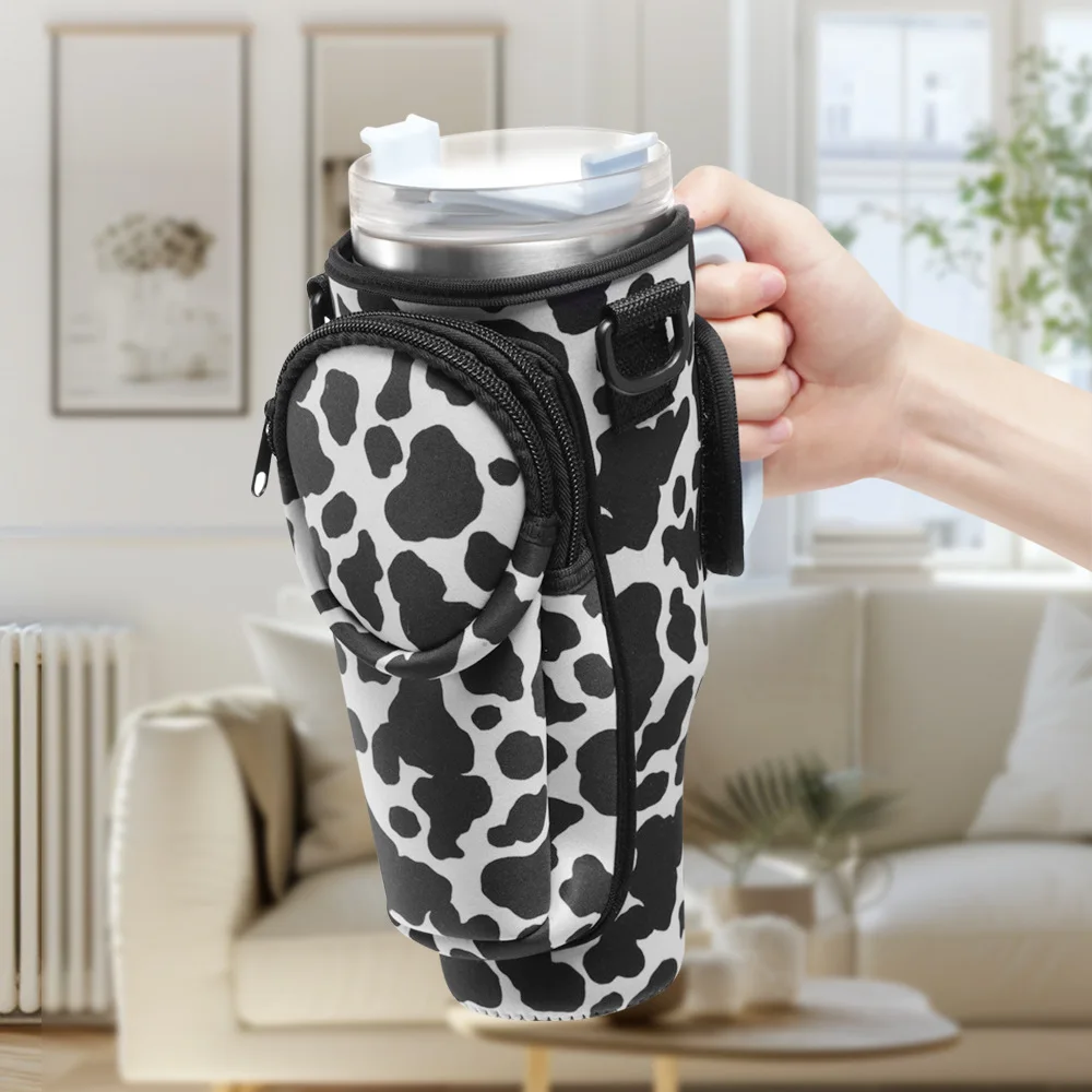 Wholesale Neoprene Water Bottle Insulated Sleeve Adjustable Shoulder Strap 40oz Tumbler Mugs Holder Bag with Zipper Phone pocket