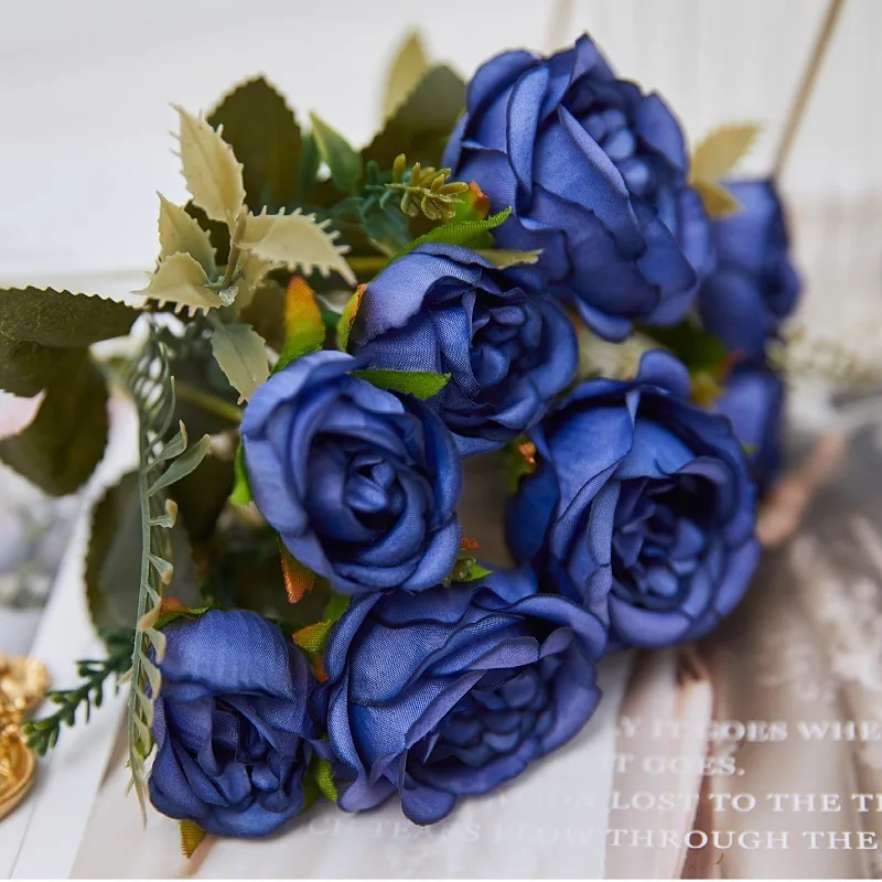 EG-S204 Silk Bouquet Flower Wedding Bridal Royal Blue Rose Bouquet Of Red Roses 9 Heads Rose Bouquet