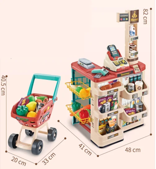 Pretend Shopping Car Play Cash Register Set Trolley Plastic Kids Trolley Shopping Electric Cash Register Supermarket Toy