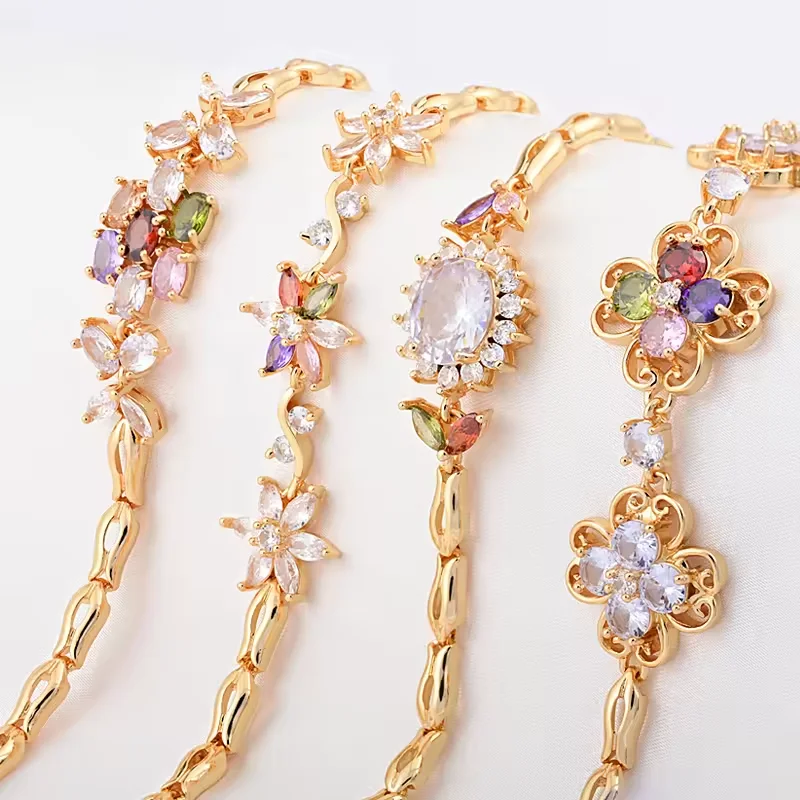 Fashion Jewelry Flower Copper Inlaid Colorful Chain Bracelet for Women and Girls Hypoallergenic Link Bracelets as Jewelry Gifts