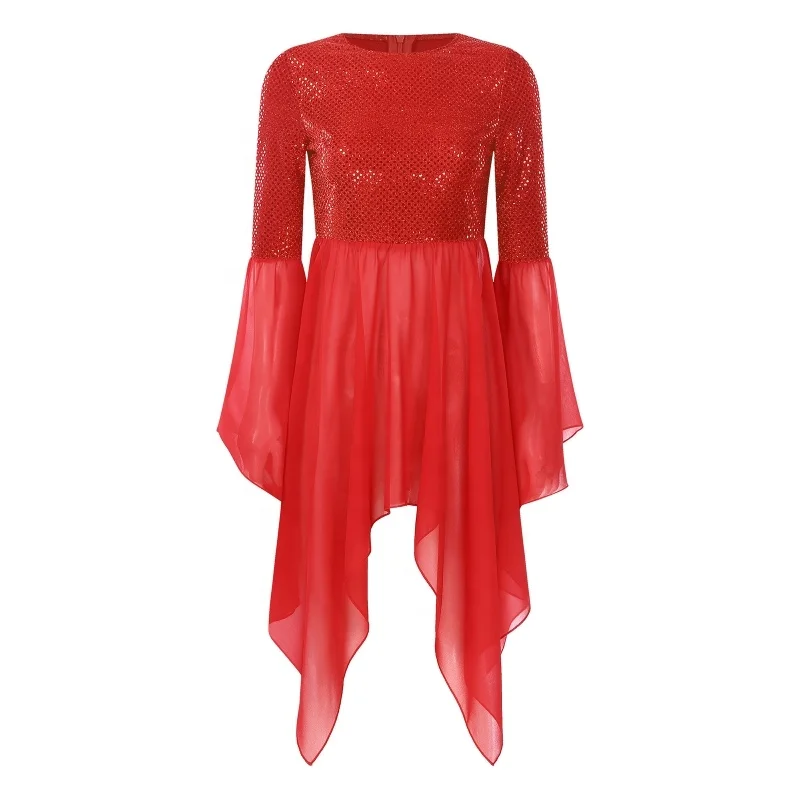 Womens Liturgical Dance Performance Shiny Sequins Patchwork Worship Tunic Round Neck Flared Sleeve Asymmetrical Hem dance Dress