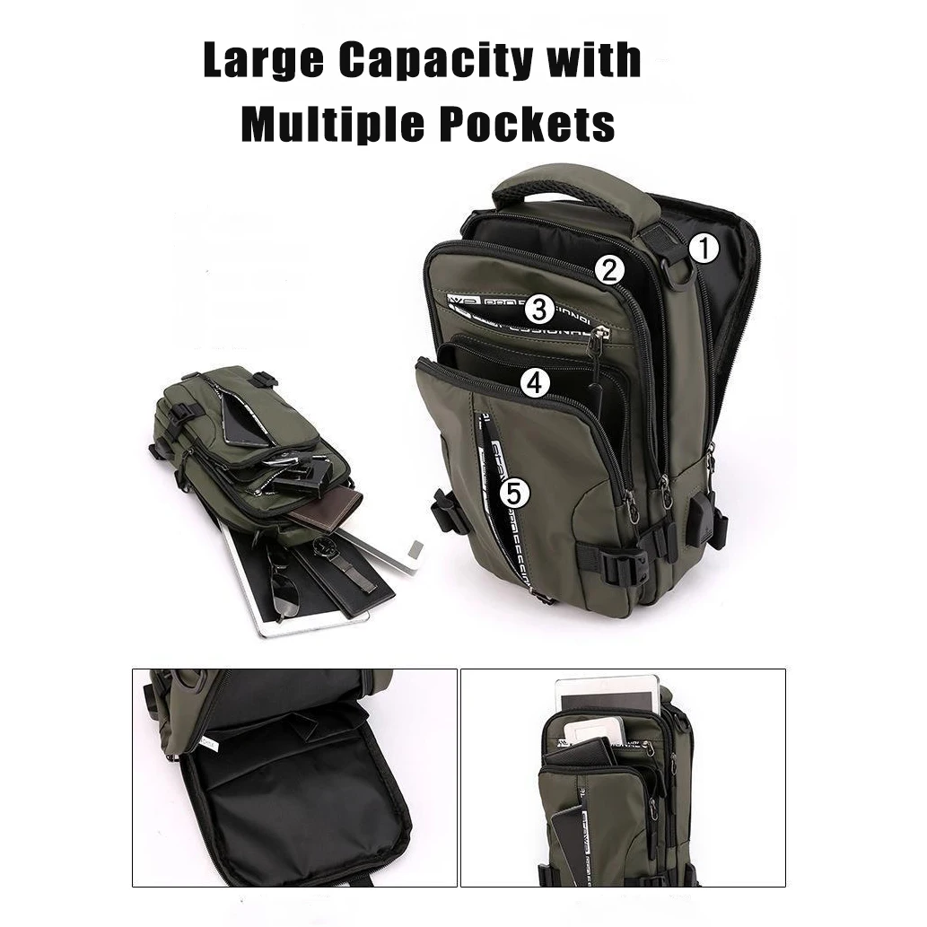 New Fashion Durable USB Charging Port Causal Men Crossbody Shoulder Sling Outdoor Travel Hiking Chest Bag with Multifunctional