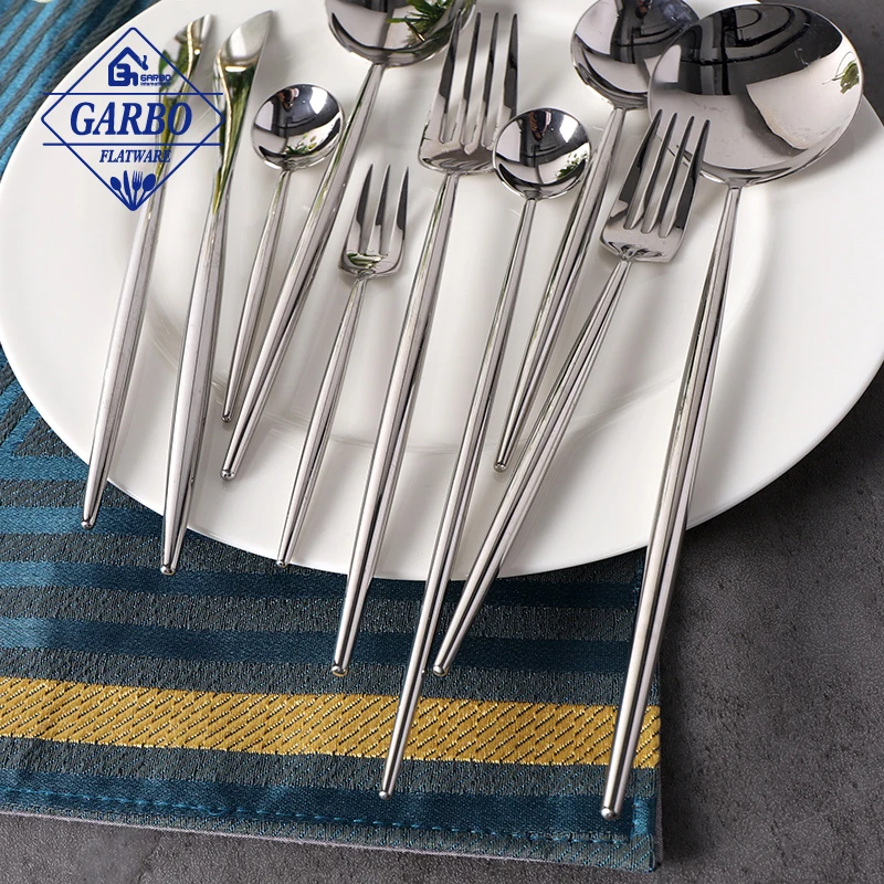 Top seller Portugal cutlery set high quality 304 SS mirror flatware set with thin handle silvery tableware flatware cutlery