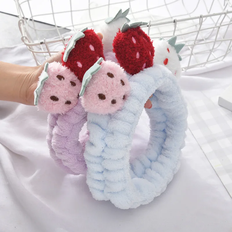 Cheap Wholesale Premium Facial Makeup Beauty Spa Hairband Women Soft Coral Fleece Strawberry Headband