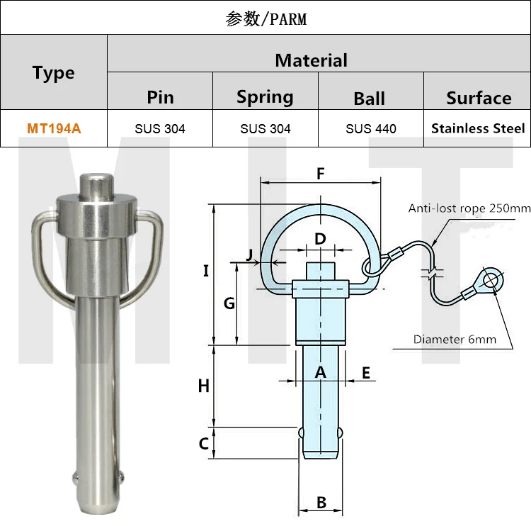 1Pc Quick Release Pin Bolt Ball Head Quick Lock Pin Plug with Ring Handle Pull Stainless Steel PIN Diameter 6/8/10mm