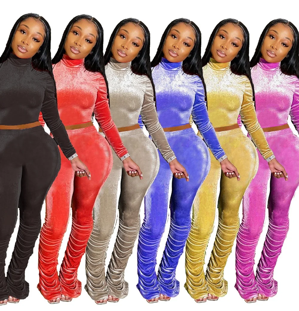 Velvet Track Suits Stacked Pants 2022 Winter Outfits For Women Turtle Neck Top Velour Lady Tracksuit