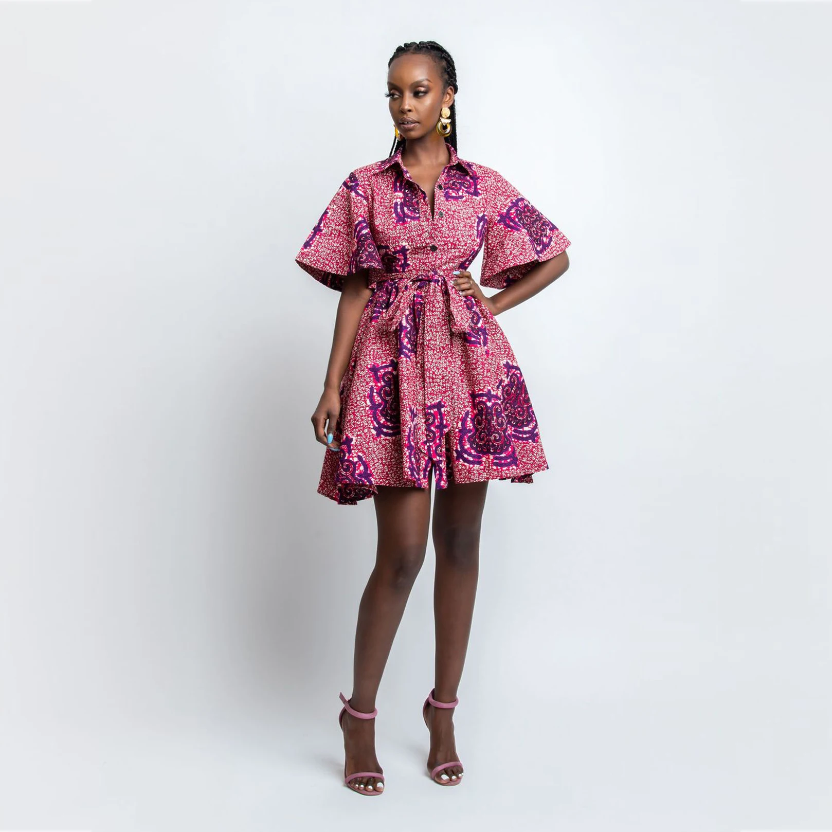 
Vintage African Traditional Floral Printed Dress Short Sleeve Cuban Collar Dashiki Ankara Casual Dresses with Belt 