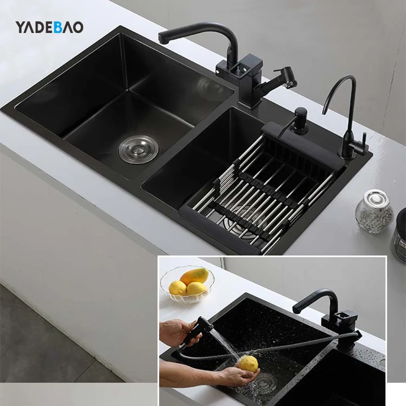 Luxury 304 Stainless Steel Kitchen Washing Basin Sinks Luxury Undermount Handmade Black Nano Kitchen Sink Bowl