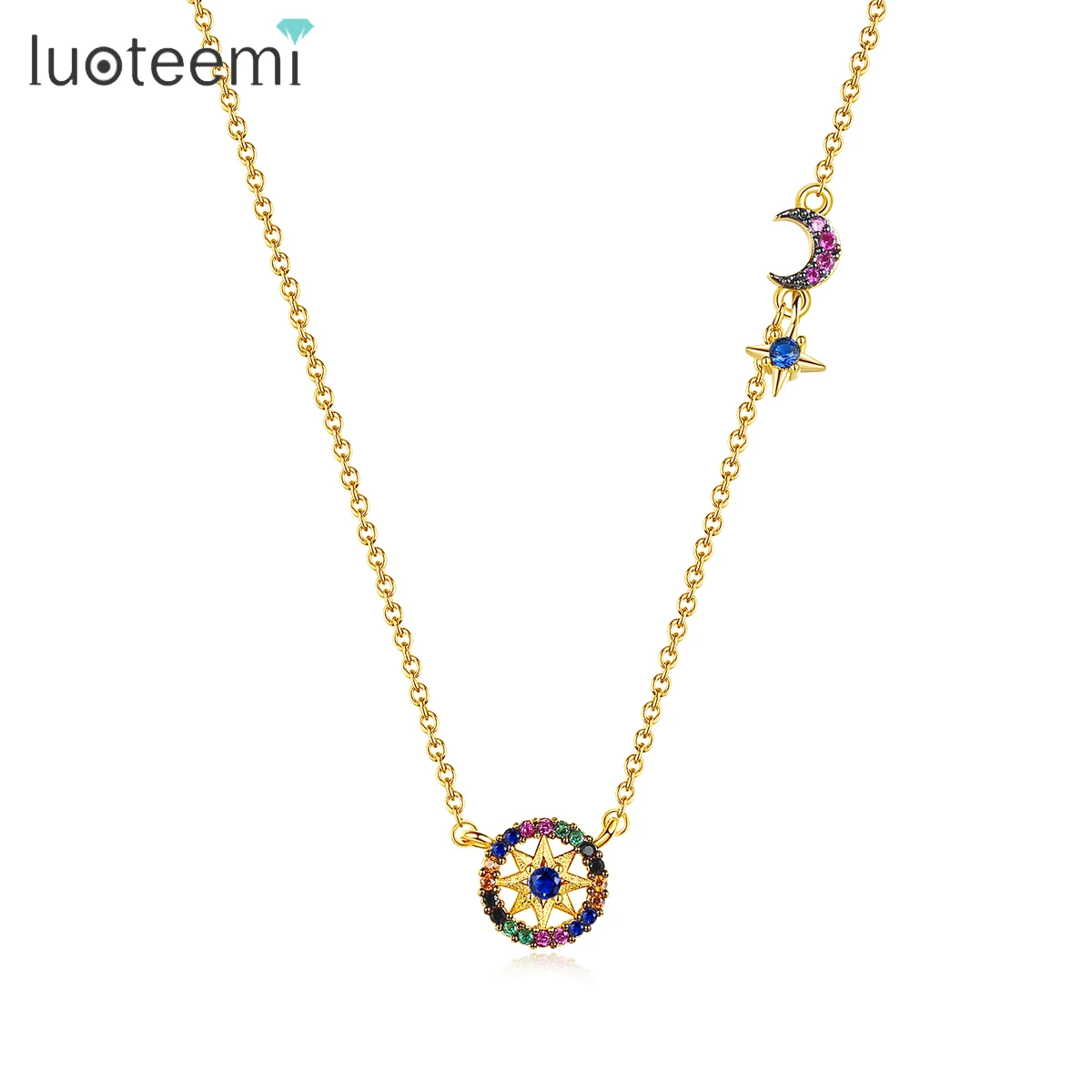 LUOTEEMI Customized Hawaiian Rainbow CZ Customized Hawaiian Necklace Moon and Star Pendant