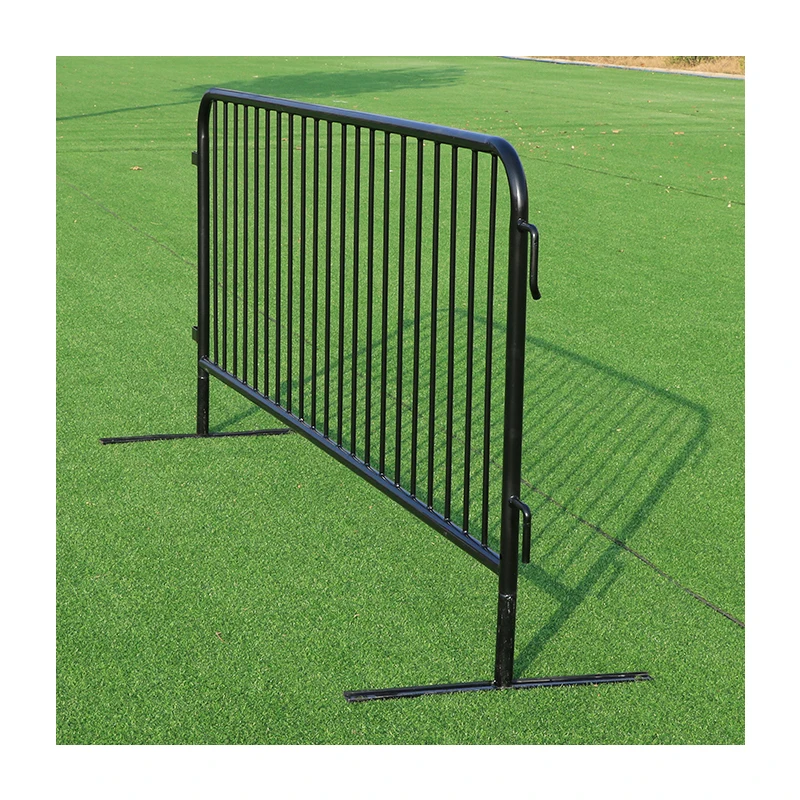 T-stand control barricades black powder coated steel and measure 8 ft x 43 inches