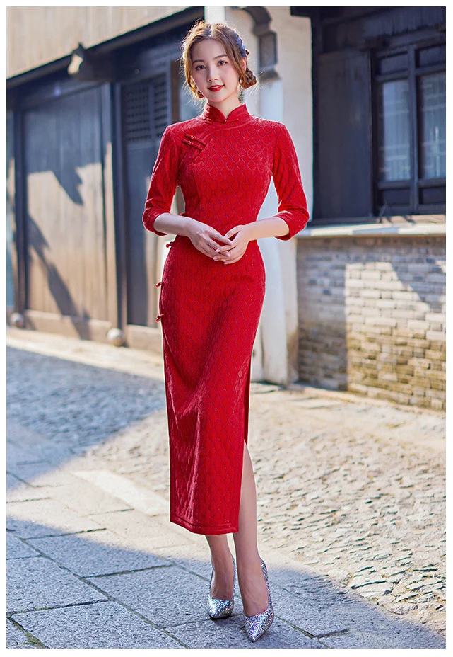 2024 New Wide edge long red daily qipao wedding evening dresses red for woman dress