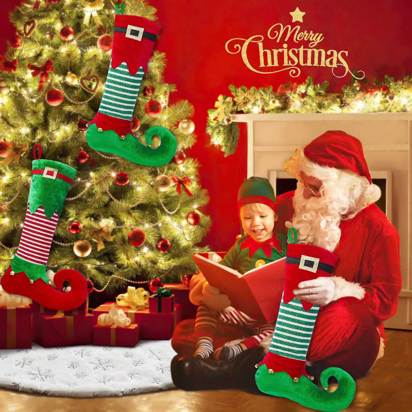 2024 Lovely Green Fleece Christmas Elf Stocking Christmas Tree Gift Fireplace Xmas Socks Hanging Ornaments Decoration