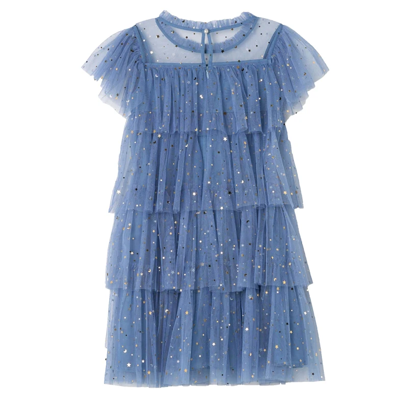 American Style Shiny Casual Girls Sequined Tulle Dress Kids Layered Dresses for Summer
