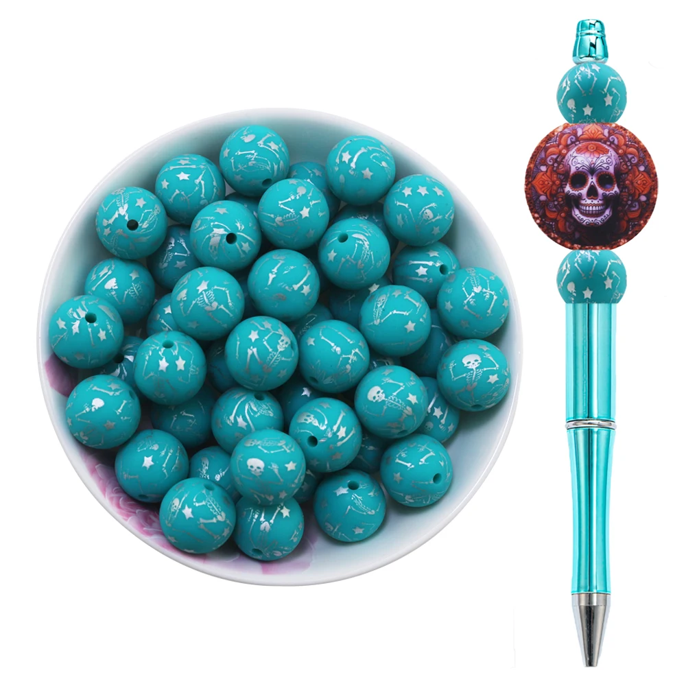 2024 New Arrival Custom Beads Printed Star Skull Halloween Silicon Round Beads For Pens Lanyard 15mm Silicone Beads For Pacifier