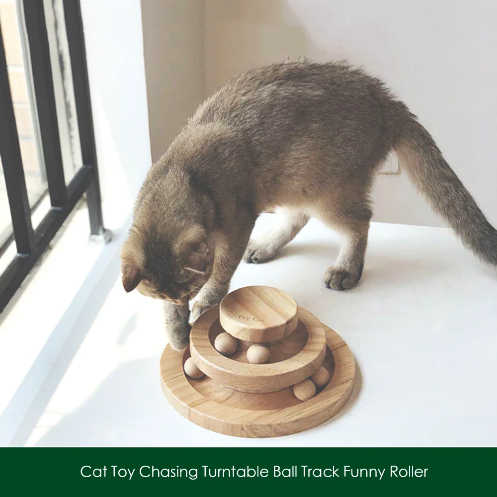 Wooden Double Layer Circular Tower Rolling Interactive Cat Toy Chasing Turntable Ball Track Funny Roller