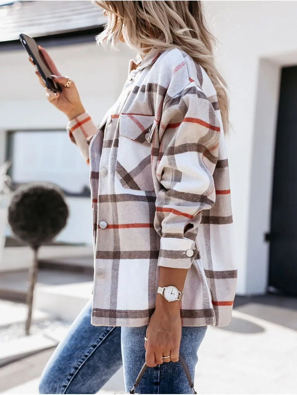 
Women Clothing Casual Gray Oversized Plaid Blouse Checkered Flap Women Coat Jacket 