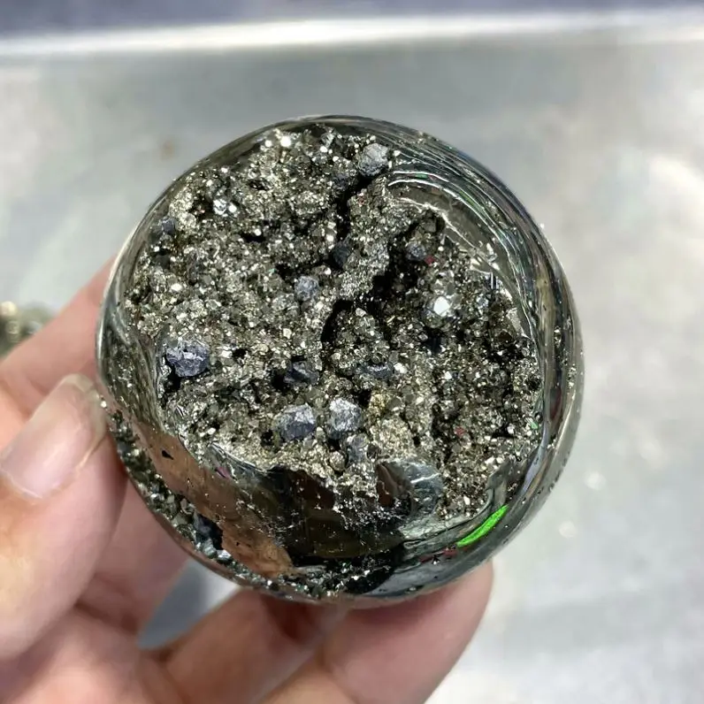 High quality natural pyrite stone crystal cluster druzy copper pyrite cluster crystal sphere for fengshui decor