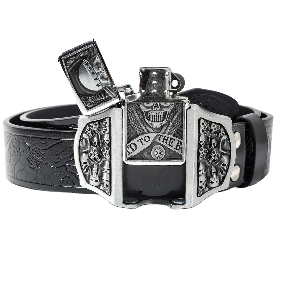 Custom Logo Wholesale Fashion Skull Poker Lighter Buckle Punk PU Leather Belt for Men