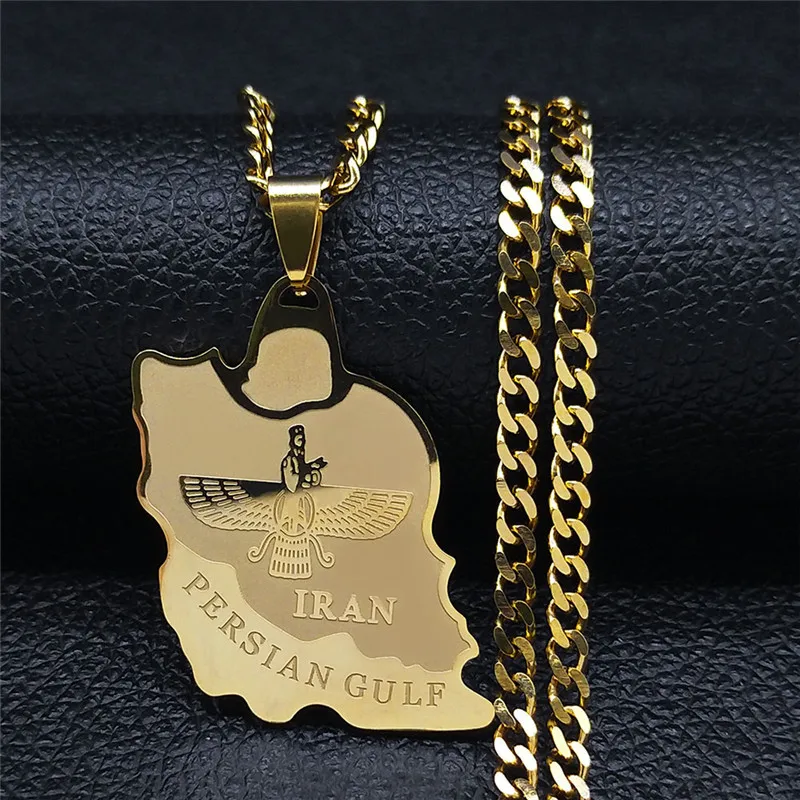 Iran Map Farvahar Persian Iranian God Eagle Pahlavi Farohar Men Map Necklaces Stainless Steel Pendant Fashion Jewelry Waterproof