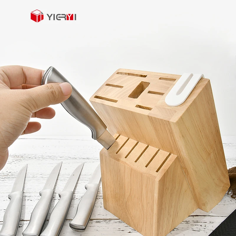 Factory Wholesale Customized Natural Rubber Wood Knife Storage Block Wooden Block Display Stand with 13 Slots & Knife Sharpener