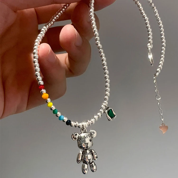 S925 Sterling Silver Colored Beads Love Peace Bear Bracelet and Necklace for women