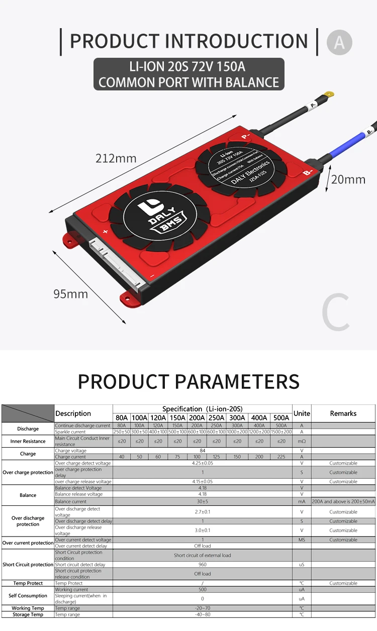 Daly OEM ODM 20S BMS 72V 150A High Current Li-ion For 3.7V 20 Cells BMS System Board  Lithium ion Battery Pack