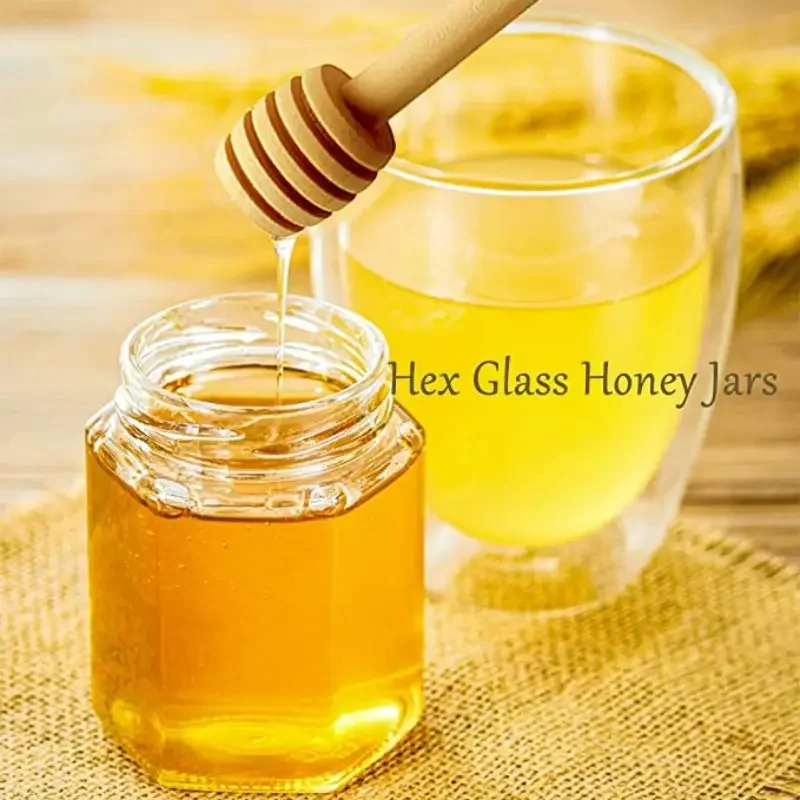 Wooden Dipper and Cork Lid Covered Clear Honey Pot Glass Jar for Home Kitchen Use