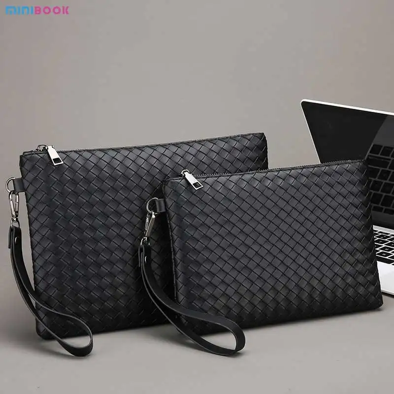 Fashion Men Super Fiber Leather Woven Handbag High Quality Large Capacity Business Casual Handbag Multi Pocket Hand Bag For Men