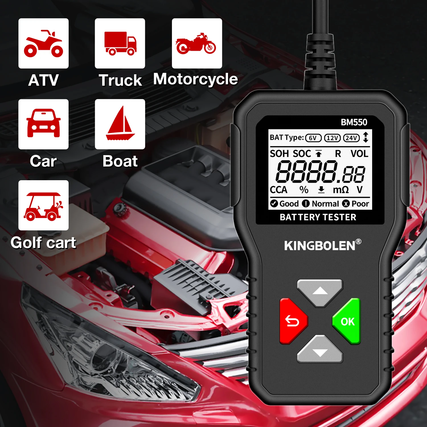 Тестер автомобильного аккумулятора KINGBOLEN BM550 OBD2 6V 12V 24V 100-2000 CCA 2Ah-220Ah