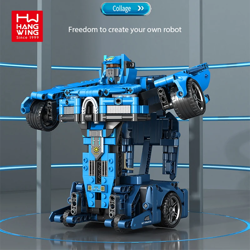 HW Toys Diy Bricks Pull Back Direct Force Straight Change Cars Transformation Robot Sports Car Building Blocks Sets For Kids