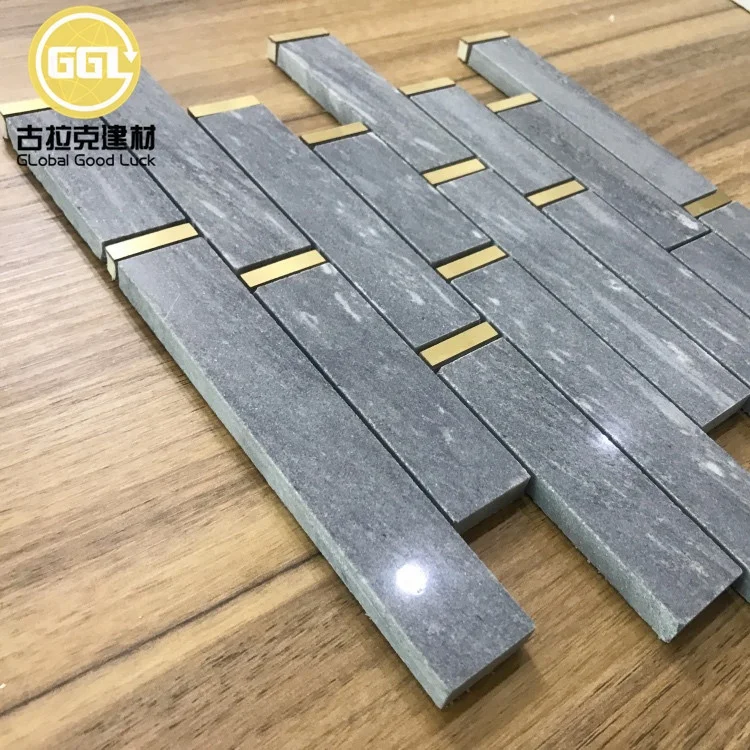 Marble Mix Brass Mosaic Tile Sheet Grey Blue Subway Wall 12'*12'
