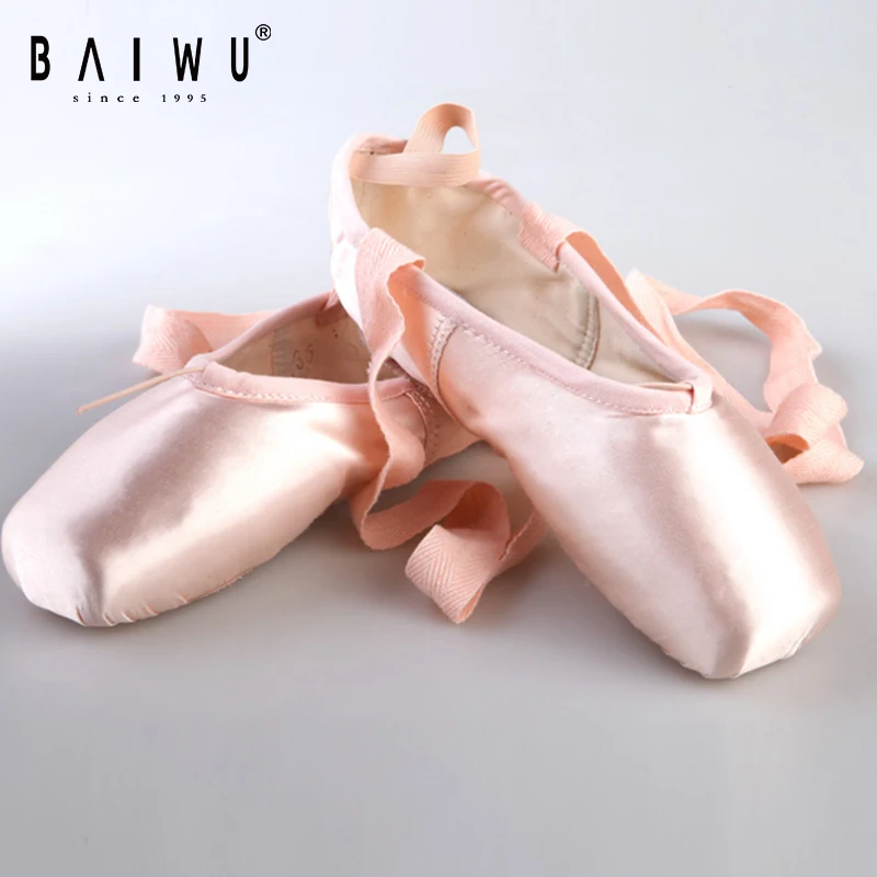 06B5B101 Baiwu Quality Genuine Leather Sole Satin Soft Pink Training Performance Dance Shoes For Women Girls Pointe Ballet Shoes