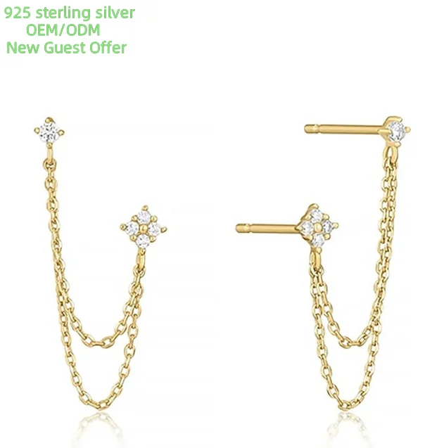 Hot sales 925 Sterling Silver Four Zircons Flower Stud Earrings For Women | Double Studs Chain Tassel Piercing Earring