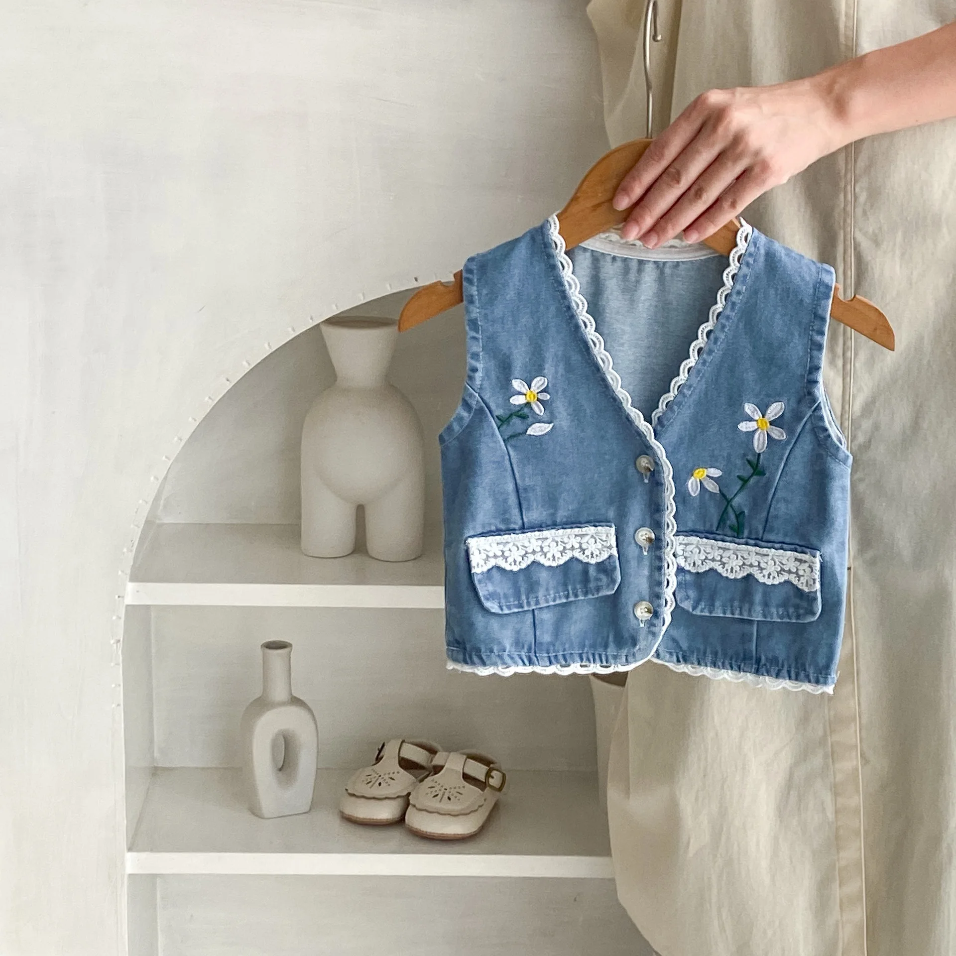 Engepapa Autumn Newborn Baby 100% Cotton Vest Infant Girls Flower Printing Clothes Toddler Sleeveless Denim Clothing