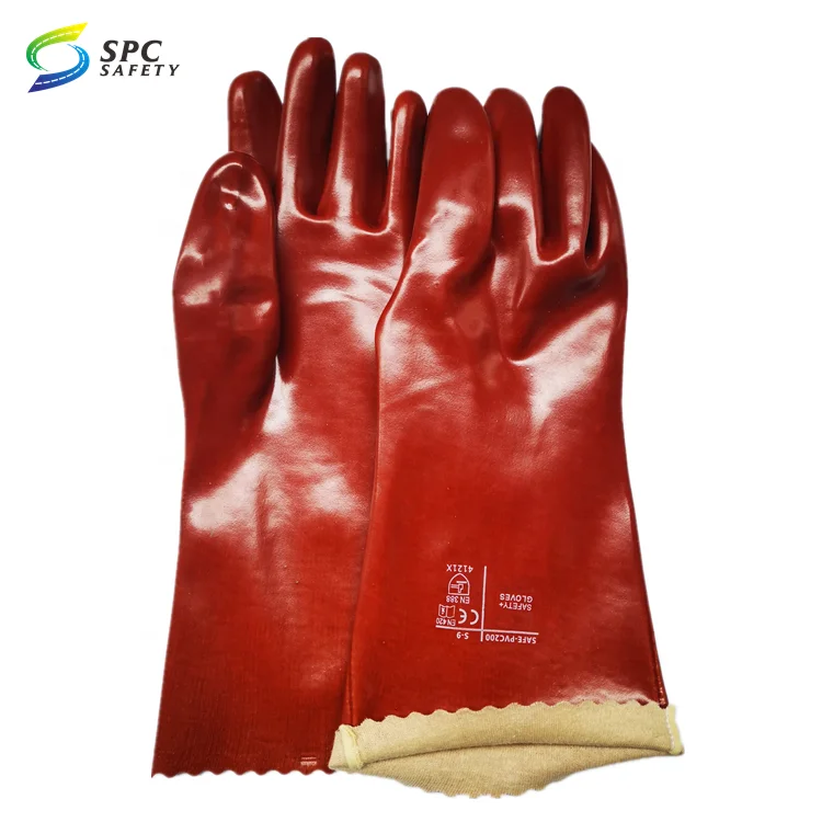 Hot Selling 40cm elbow length smooth surface Brown Waterproof acid alkali oil resistant chemical flocklined pvc rubber gloves