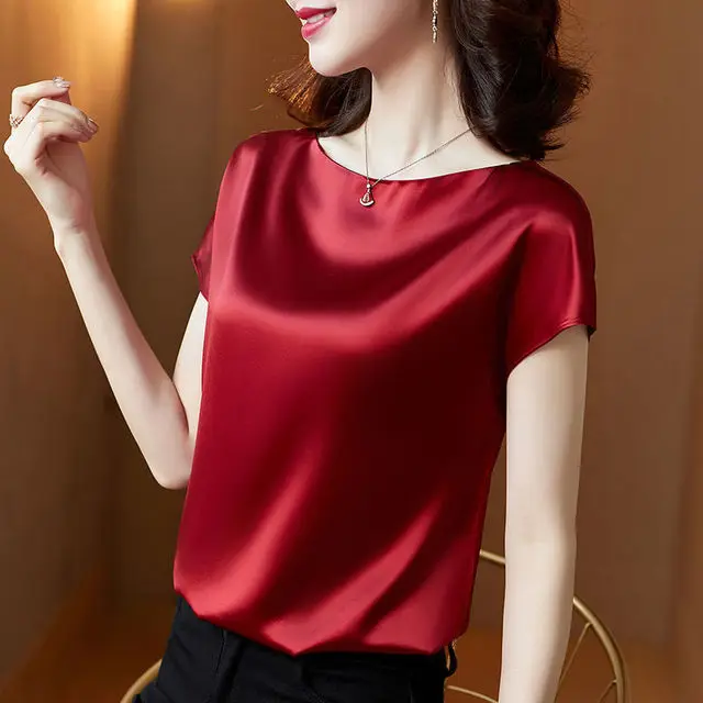 Office Lady Tops Summer Short Sleeve Blouses Satin Blouse Women Shirts Fashion Simple Solid Plus Size Loose Shirt Blusas