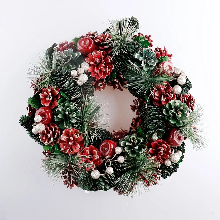 
Indoor Christmas Door Decoration Green Red Pine Cones Pine Needle White Snow Berries Wreath 