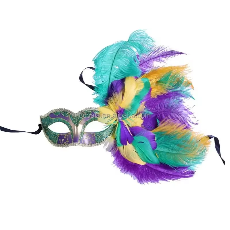 PGG Mardi Gras Party Mask With Ostrich Feather On Side
