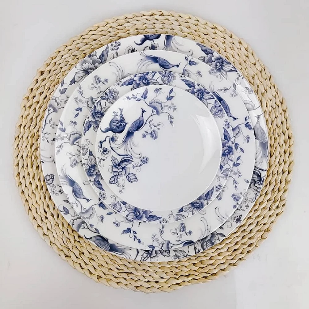 INT Tableware wholesale white and blue design  luxury ceramic plate dish bone china wedding dinnerware set