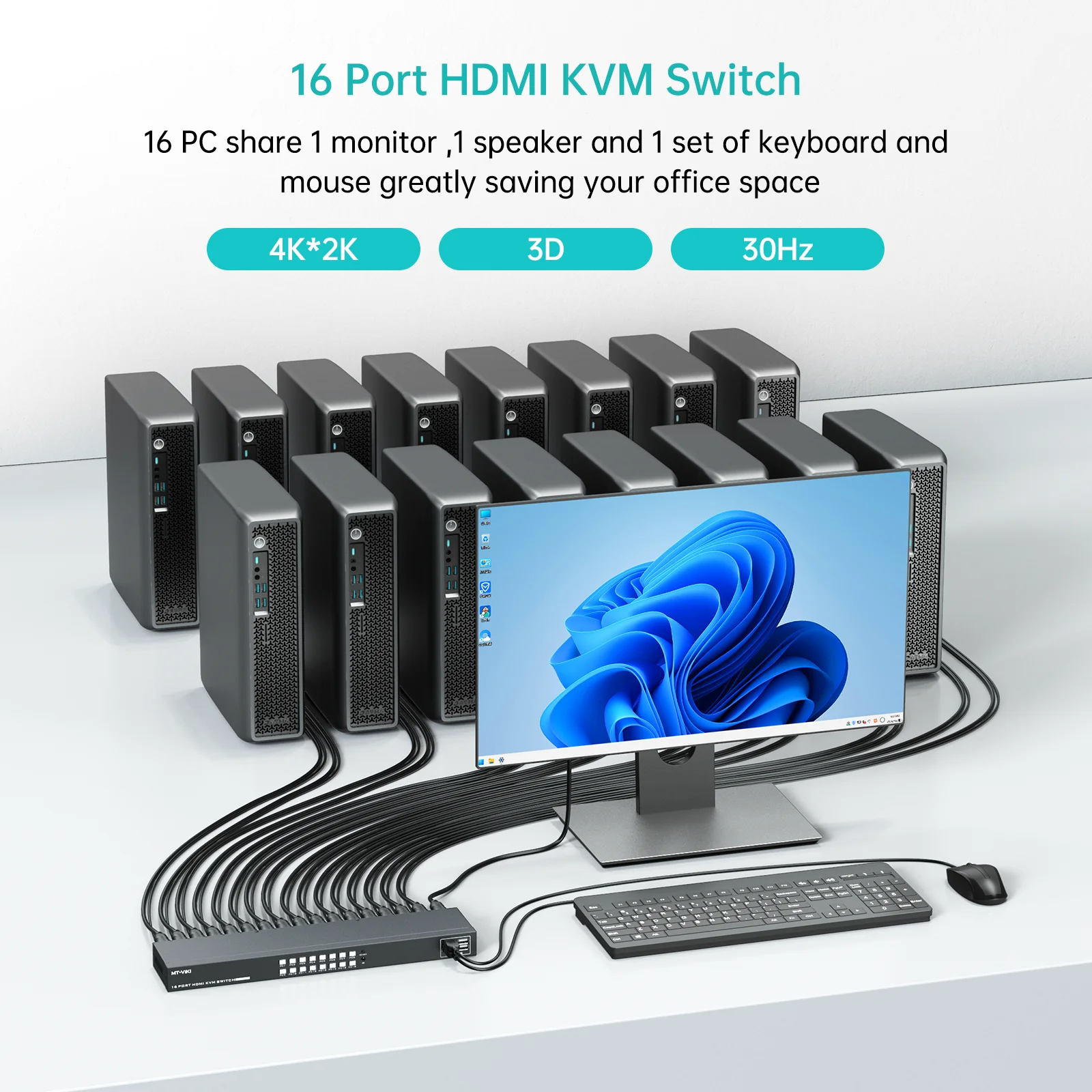 16 Port KVM switch HDMI 4K 30Hz, MT-VIKI Rack KVM Console 16x1 Switcher 16 in 1 out + 16-Pack Cables