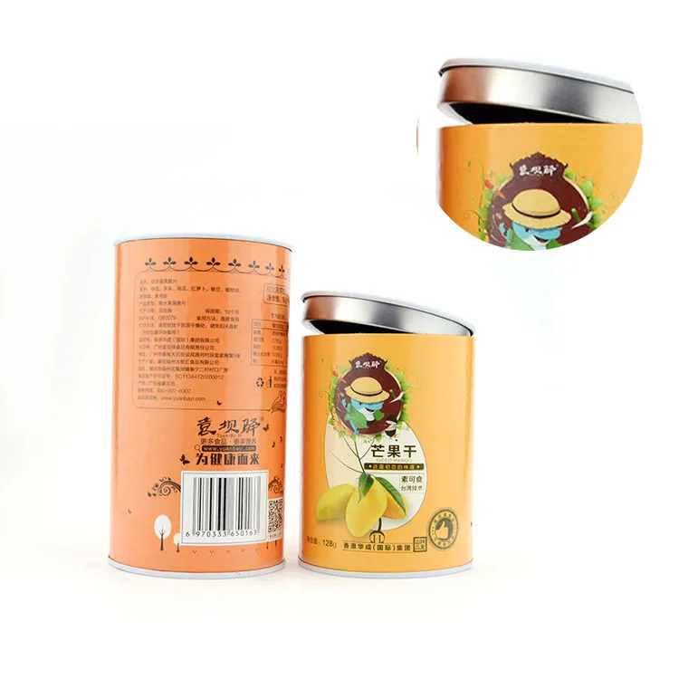 Wholesale custom logo 128g recycled dried fruit packaging tube can food packaging paper with foil inside tube with metal lid