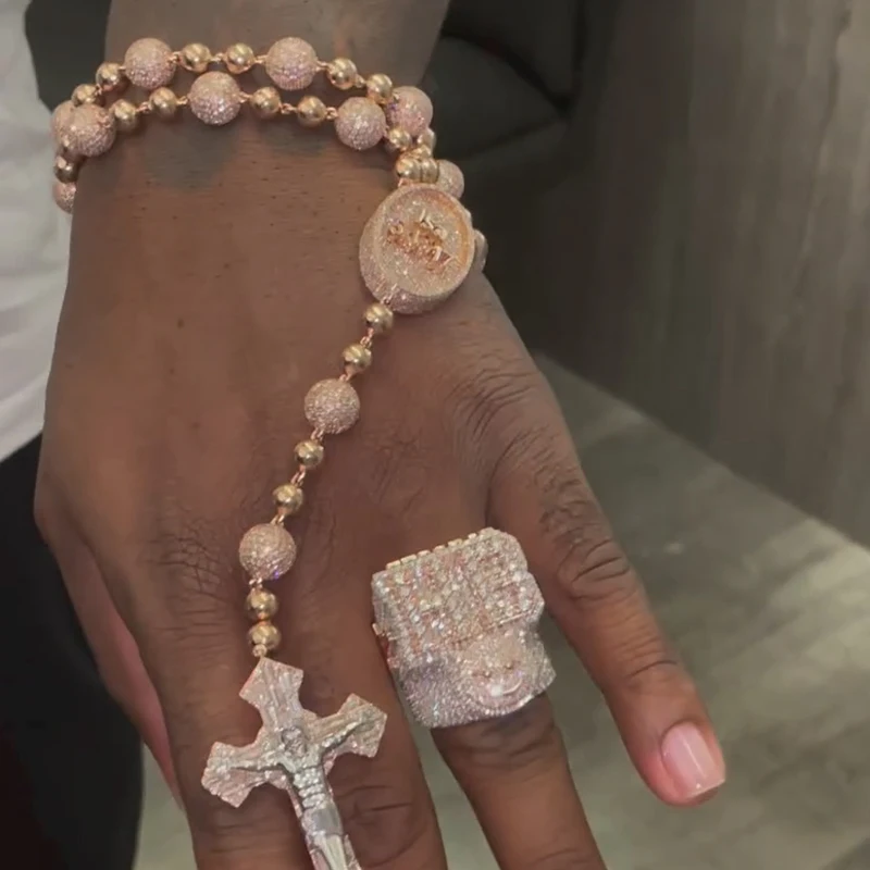 Hip Hop Jewelry 925 Silver Fashion 8MM Iced Out Bead Ball Diamond Moissanite Cross Charms Necklace