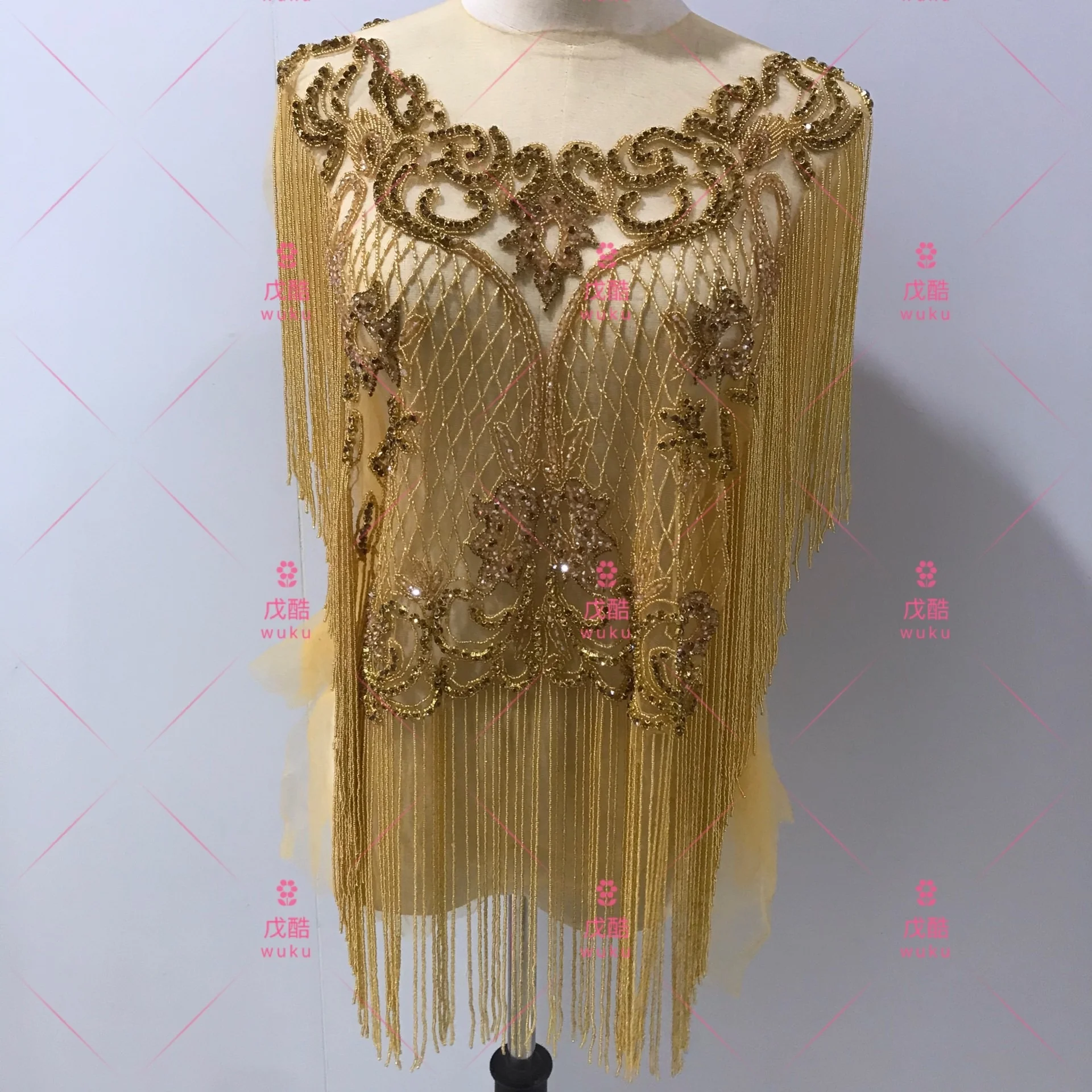 front side and back side  whole piece appliqe patch with crystal  fringe tassel design in gold