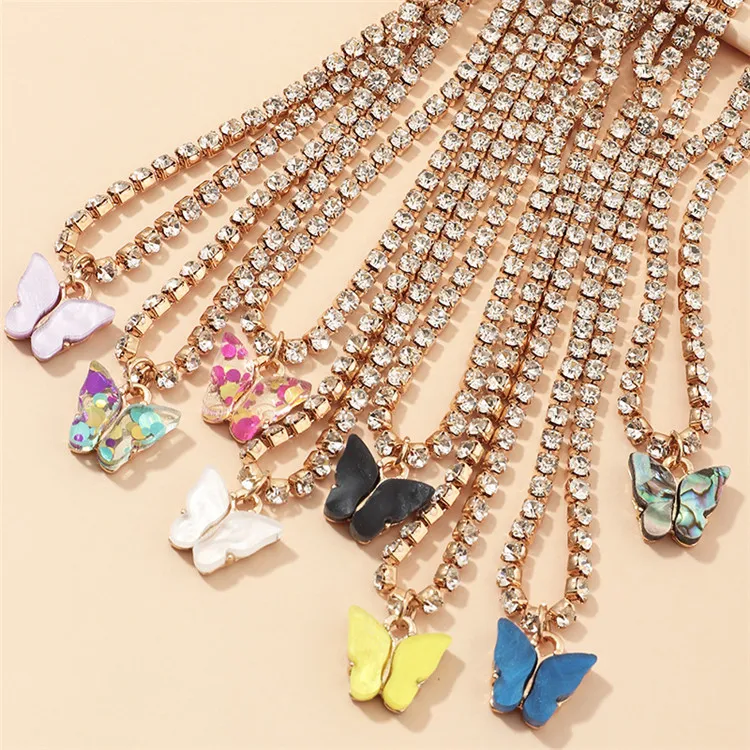 Bohemian Sparkling Rhinestone Diamond Resin Acrylic Choker Butterfly Charm Tennis Necklace
