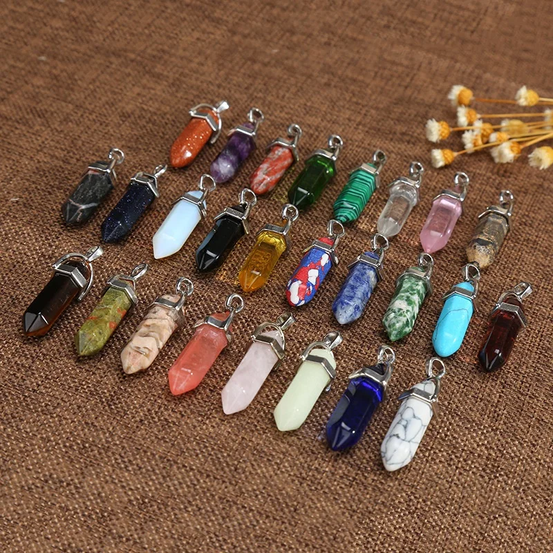 Hexagonal Chakra Pendant Bullet Crystal Pendant Gem Pointed Quartz Stone Pendant with Storage Bag
