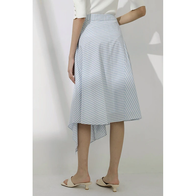 HISOKEY asymmetric design elegant half skirt Blue white stripes casual skirt for office ladies and womens