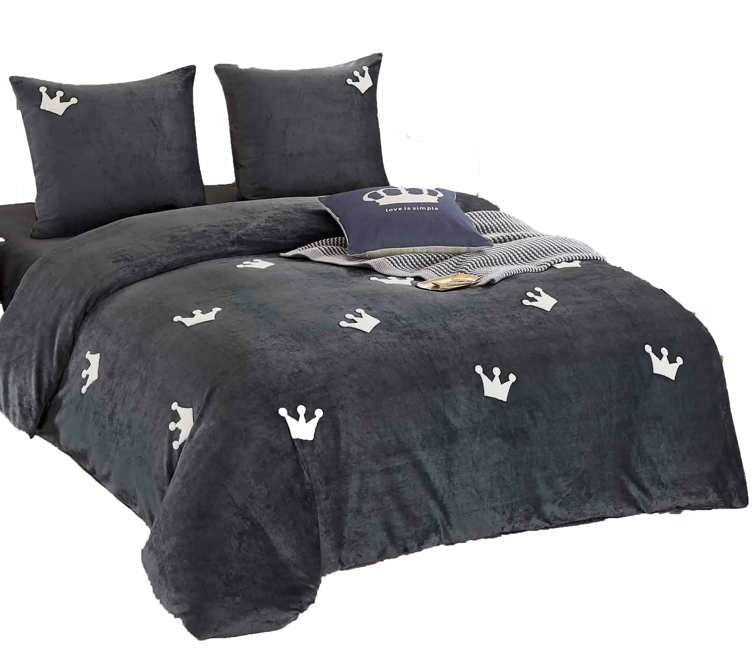 Baby Coral Velvet Four Piece Winter Flannel Bedsheet set Towel Embroidered Quilt Cover Sheets Thicken Warm Dark Gray