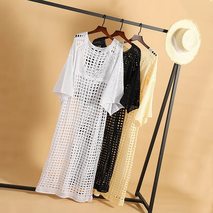 Womens Knitted Bikini Cover ups Bell Sleeve Hollow Out Beach Bathing Suit Long Maxi Dress Side Split Dresses