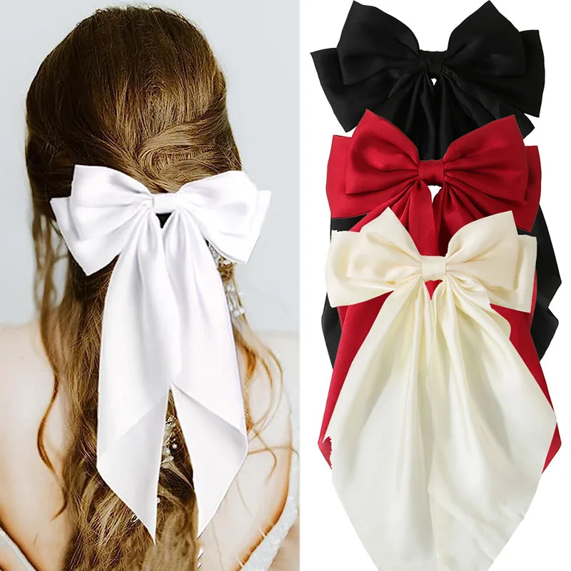 Shenglan 14 Inch Big Bow Barrettes Soft Silky Satin Hair Clip Long Tail French Ribbon Hair Pins Metal Bowknot Clips for Party