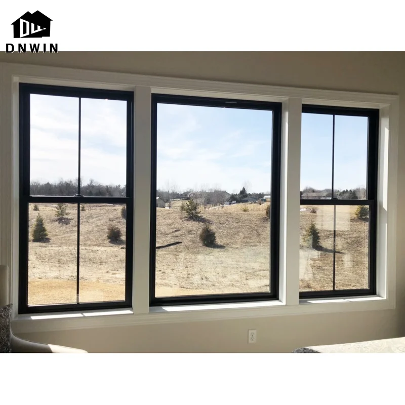 High end american aluminium tempered glass insulated double hung black windows